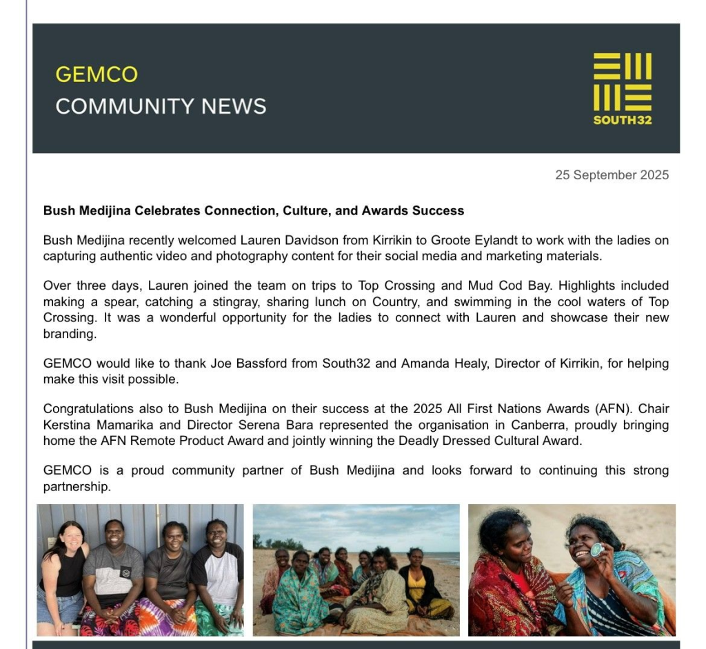 GEMCO Community News newsletter showing article about Bush Medijina collaboration on Groote Eylandt with Lauren capturing stories.
